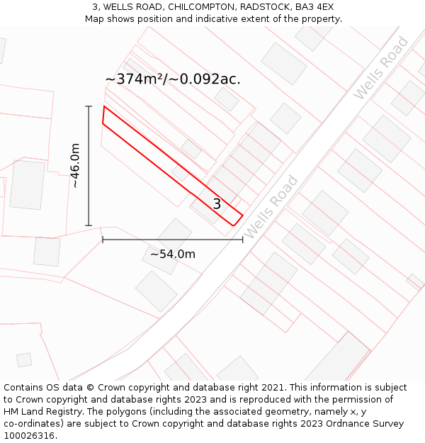 3, WELLS ROAD, CHILCOMPTON, RADSTOCK, BA3 4EX: Plot and title map