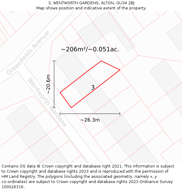 3, WENTWORTH GARDENS, ALTON, GU34 2BJ: Plot and title map