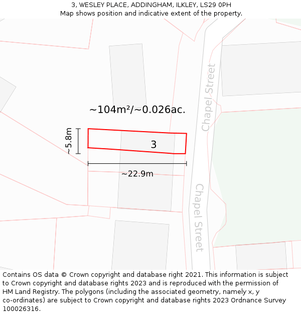 3, WESLEY PLACE, ADDINGHAM, ILKLEY, LS29 0PH: Plot and title map