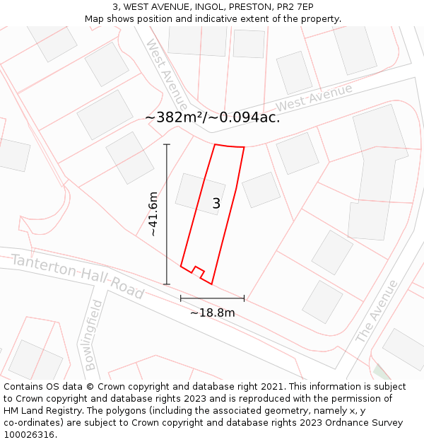 3, WEST AVENUE, INGOL, PRESTON, PR2 7EP: Plot and title map