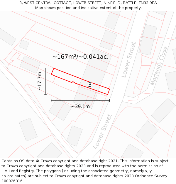 3, WEST CENTRAL COTTAGE, LOWER STREET, NINFIELD, BATTLE, TN33 9EA: Plot and title map