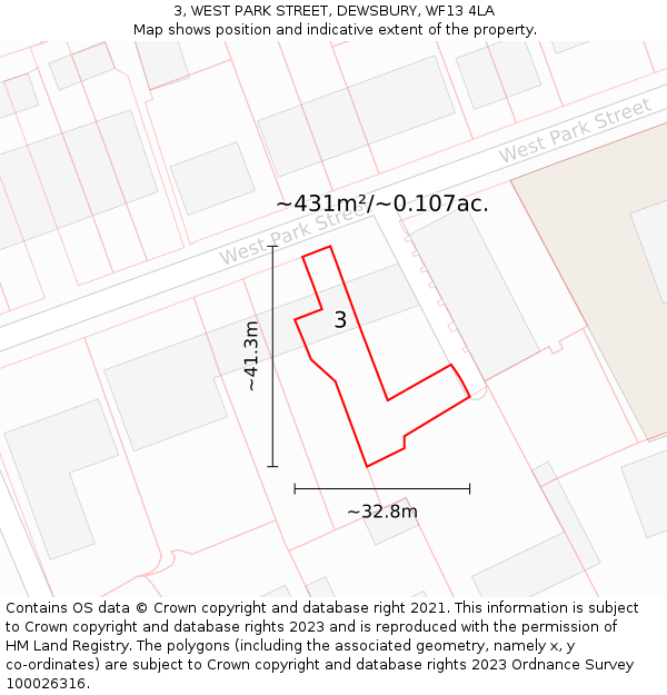 3, WEST PARK STREET, DEWSBURY, WF13 4LA: Plot and title map