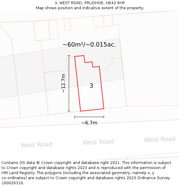 3, WEST ROAD, PRUDHOE, NE42 6HP: Plot and title map