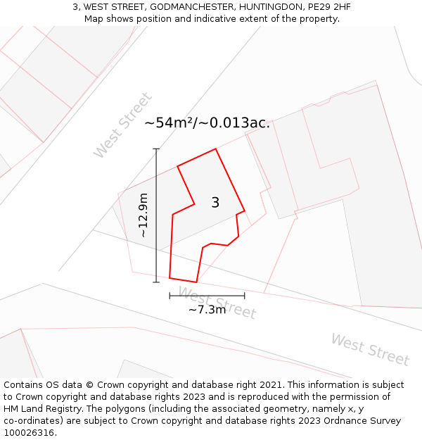 3, WEST STREET, GODMANCHESTER, HUNTINGDON, PE29 2HF: Plot and title map
