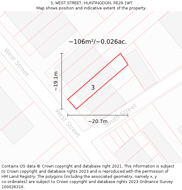 3, WEST STREET, HUNTINGDON, PE29 1WT: Plot and title map