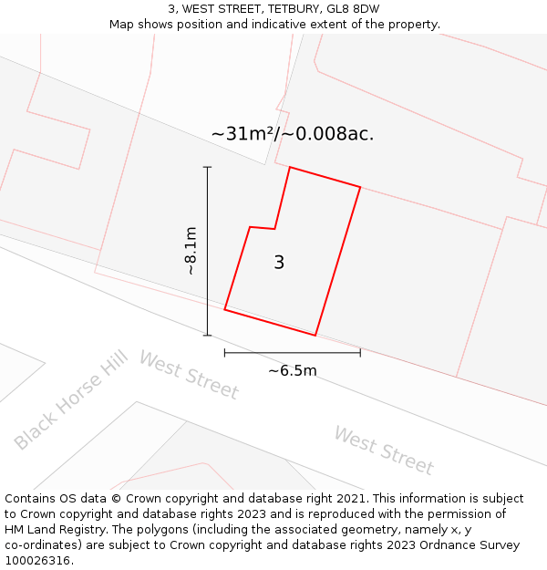 3, WEST STREET, TETBURY, GL8 8DW: Plot and title map