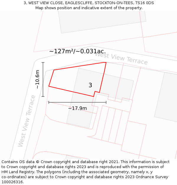 3, WEST VIEW CLOSE, EAGLESCLIFFE, STOCKTON-ON-TEES, TS16 0DS: Plot and title map