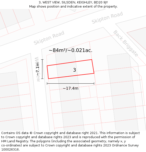 3, WEST VIEW, SILSDEN, KEIGHLEY, BD20 9JY: Plot and title map