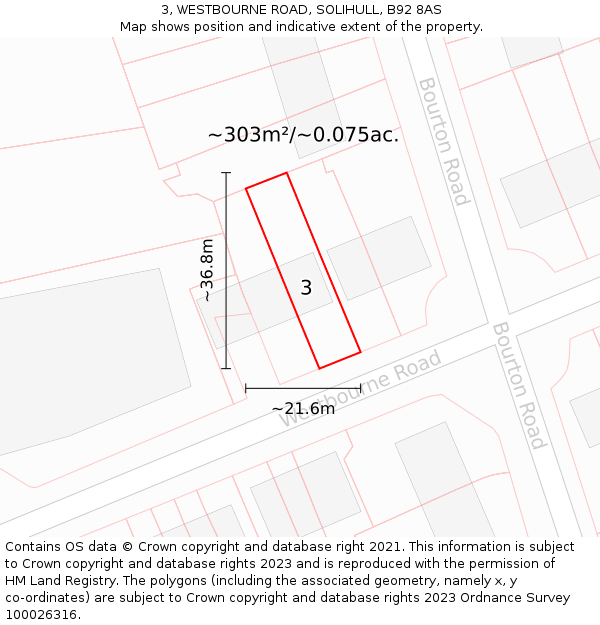 3, WESTBOURNE ROAD, SOLIHULL, B92 8AS: Plot and title map