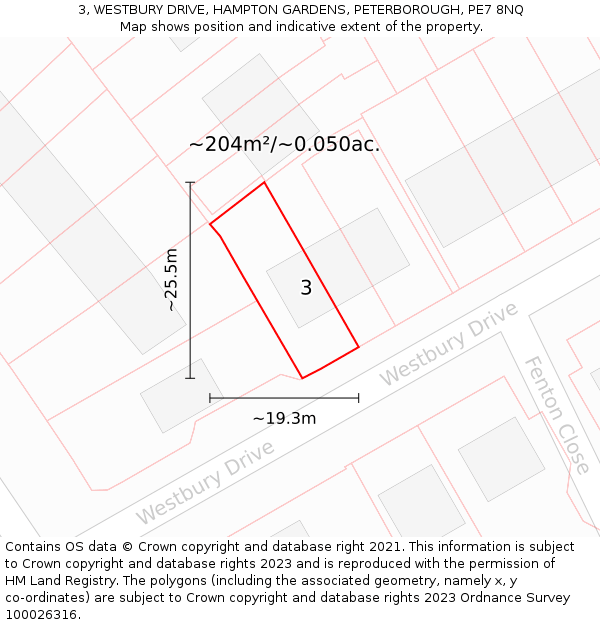 3, WESTBURY DRIVE, HAMPTON GARDENS, PETERBOROUGH, PE7 8NQ: Plot and title map