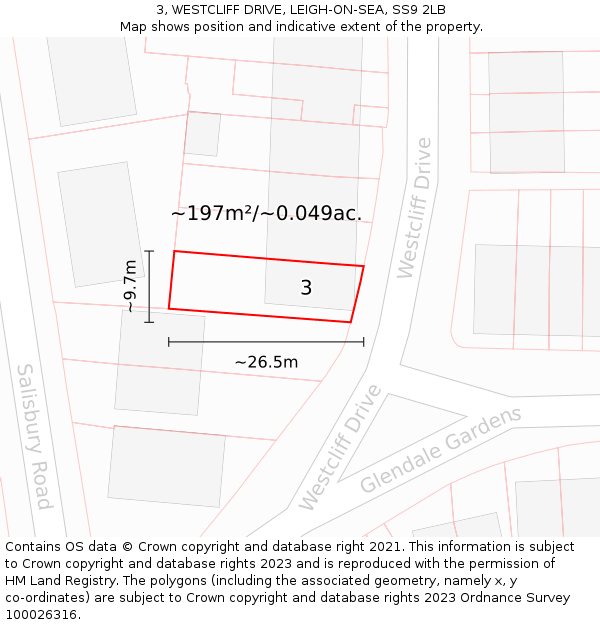 3, WESTCLIFF DRIVE, LEIGH-ON-SEA, SS9 2LB: Plot and title map