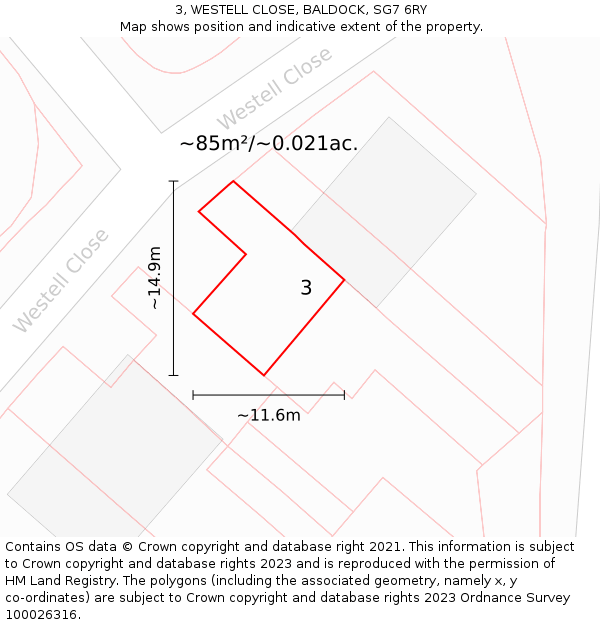 3, WESTELL CLOSE, BALDOCK, SG7 6RY: Plot and title map