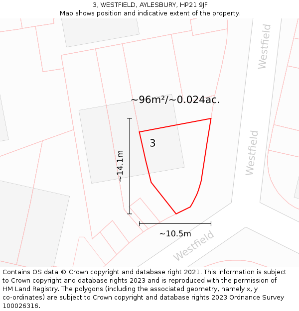 3, WESTFIELD, AYLESBURY, HP21 9JF: Plot and title map