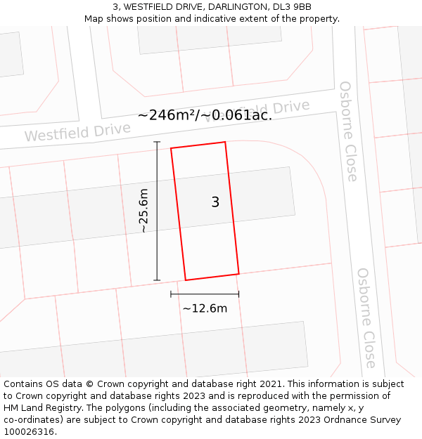 3, WESTFIELD DRIVE, DARLINGTON, DL3 9BB: Plot and title map