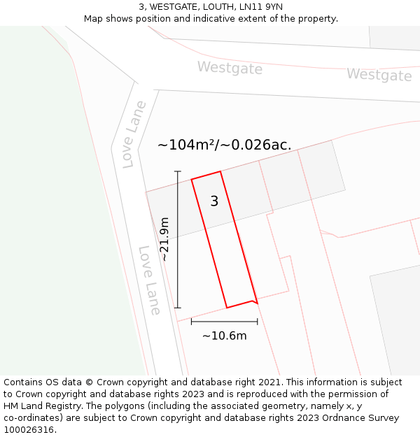 3, WESTGATE, LOUTH, LN11 9YN: Plot and title map