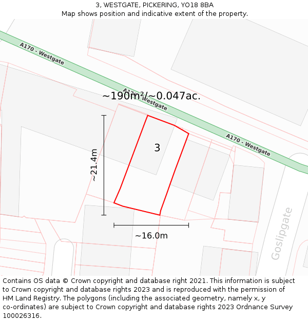 3, WESTGATE, PICKERING, YO18 8BA: Plot and title map