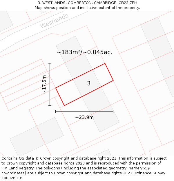3, WESTLANDS, COMBERTON, CAMBRIDGE, CB23 7EH: Plot and title map