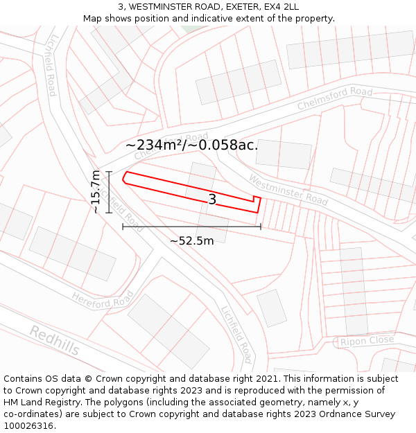 3, WESTMINSTER ROAD, EXETER, EX4 2LL: Plot and title map