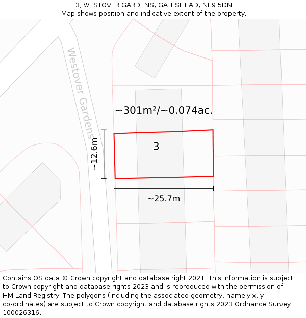 3, WESTOVER GARDENS, GATESHEAD, NE9 5DN: Plot and title map