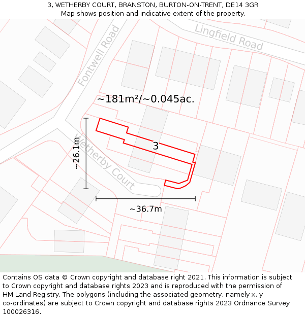 3, WETHERBY COURT, BRANSTON, BURTON-ON-TRENT, DE14 3GR: Plot and title map