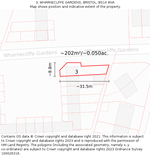 3, WHARNECLIFFE GARDENS, BRISTOL, BS14 9NA: Plot and title map