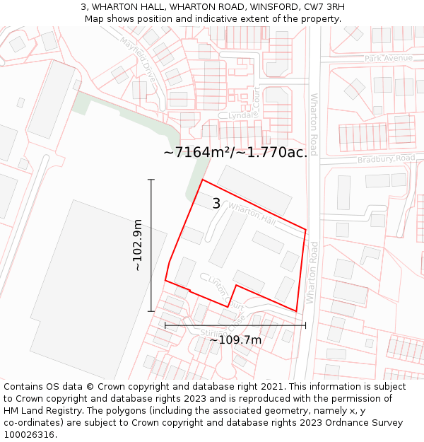 3, WHARTON HALL, WHARTON ROAD, WINSFORD, CW7 3RH: Plot and title map