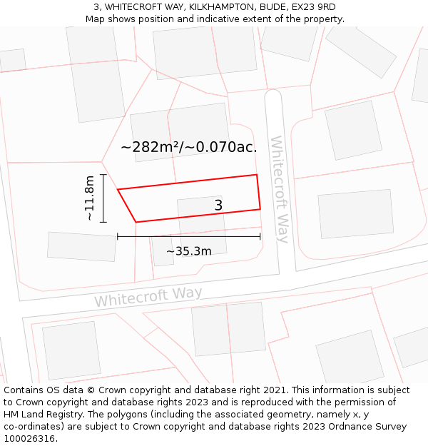 3, WHITECROFT WAY, KILKHAMPTON, BUDE, EX23 9RD: Plot and title map