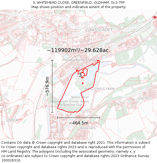 3, WHITEHEAD CLOSE, GREENFIELD, OLDHAM, OL3 7PP: Plot and title map