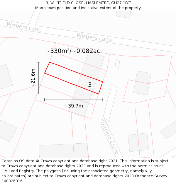 3, WHITFIELD CLOSE, HASLEMERE, GU27 1DZ: Plot and title map