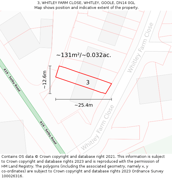 3, WHITLEY FARM CLOSE, WHITLEY, GOOLE, DN14 0GL: Plot and title map