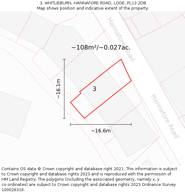 3, WHITLIEBURN, HANNAFORE ROAD, LOOE, PL13 2DB: Plot and title map