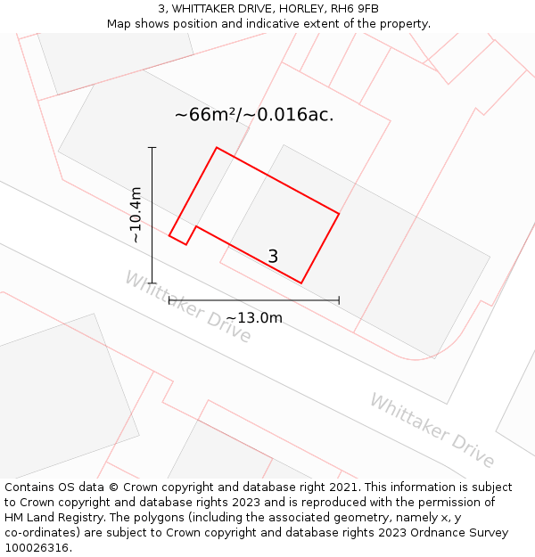 3, WHITTAKER DRIVE, HORLEY, RH6 9FB: Plot and title map
