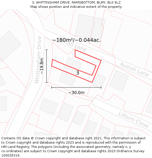 3, WHITTINGHAM DRIVE, RAMSBOTTOM, BURY, BL0 9LZ: Plot and title map
