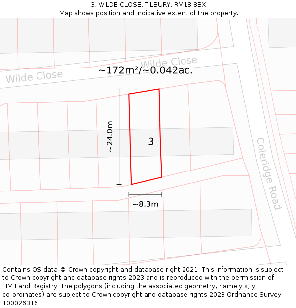 3, WILDE CLOSE, TILBURY, RM18 8BX: Plot and title map