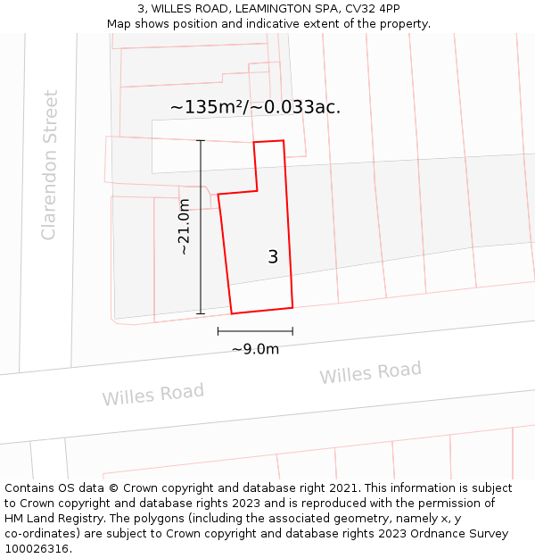 3, WILLES ROAD, LEAMINGTON SPA, CV32 4PP: Plot and title map