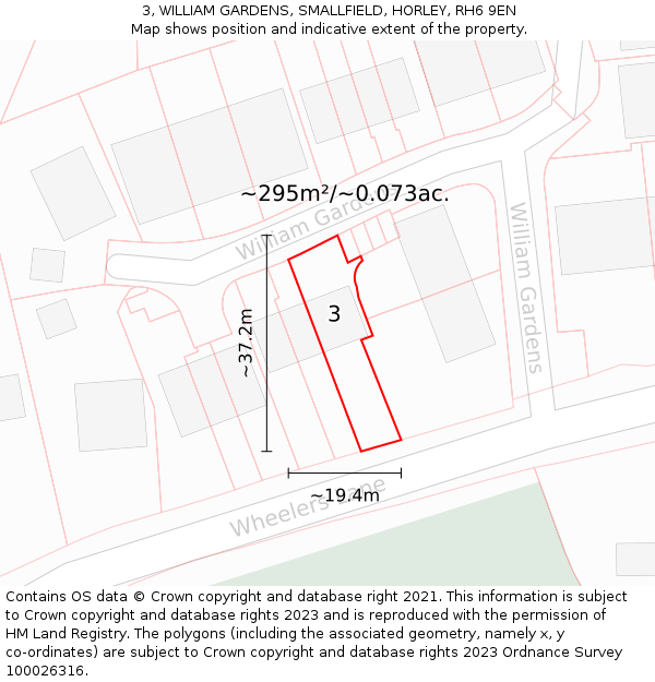 3, WILLIAM GARDENS, SMALLFIELD, HORLEY, RH6 9EN: Plot and title map