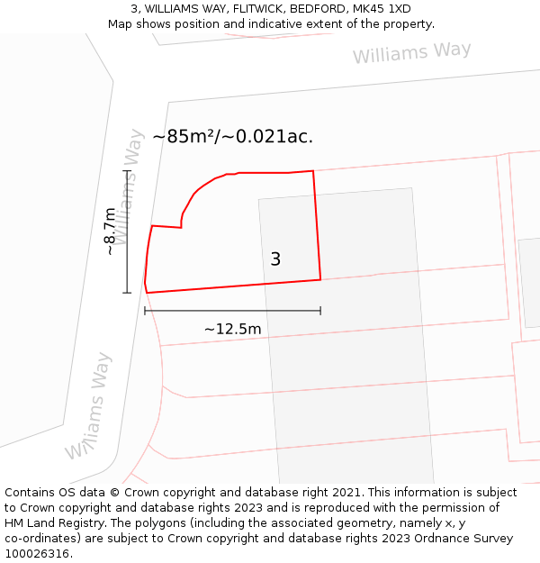 3, WILLIAMS WAY, FLITWICK, BEDFORD, MK45 1XD: Plot and title map
