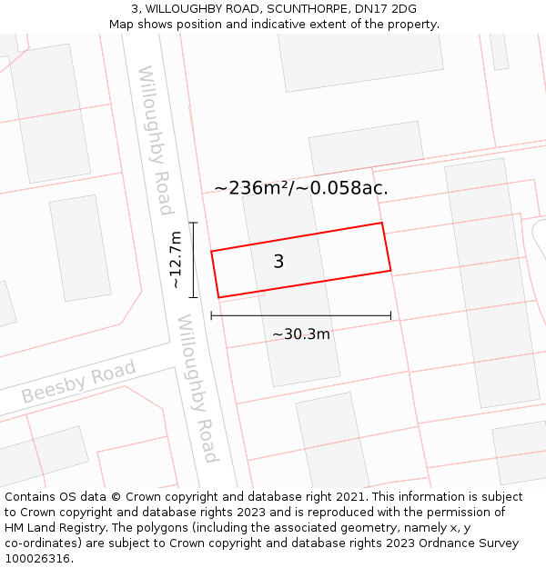 3, WILLOUGHBY ROAD, SCUNTHORPE, DN17 2DG: Plot and title map