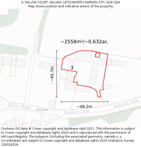 3, WILLOW COURT, WILLIAN, LETCHWORTH GARDEN CITY, SG6 2GA: Plot and title map