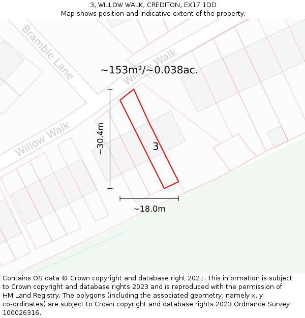 3, WILLOW WALK, CREDITON, EX17 1DD: Plot and title map
