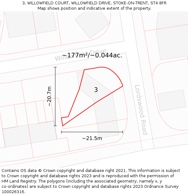 3, WILLOWFIELD COURT, WILLOWFIELD DRIVE, STOKE-ON-TRENT, ST4 8FR: Plot and title map