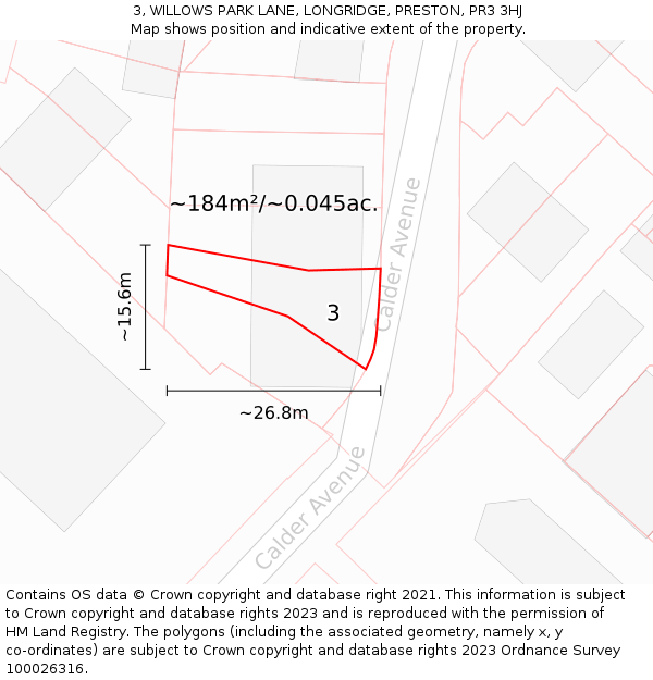 3, WILLOWS PARK LANE, LONGRIDGE, PRESTON, PR3 3HJ: Plot and title map