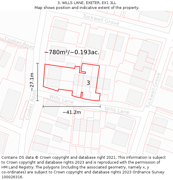3, WILLS LANE, EXETER, EX1 3LL: Plot and title map