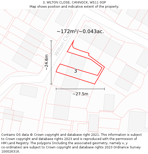 3, WILTON CLOSE, CANNOCK, WS11 0GP: Plot and title map