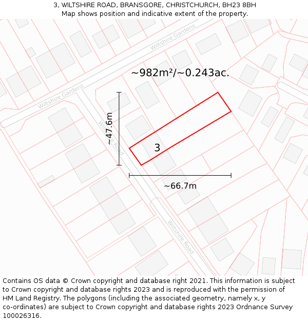 3, WILTSHIRE ROAD, BRANSGORE, CHRISTCHURCH, BH23 8BH: Plot and title map
