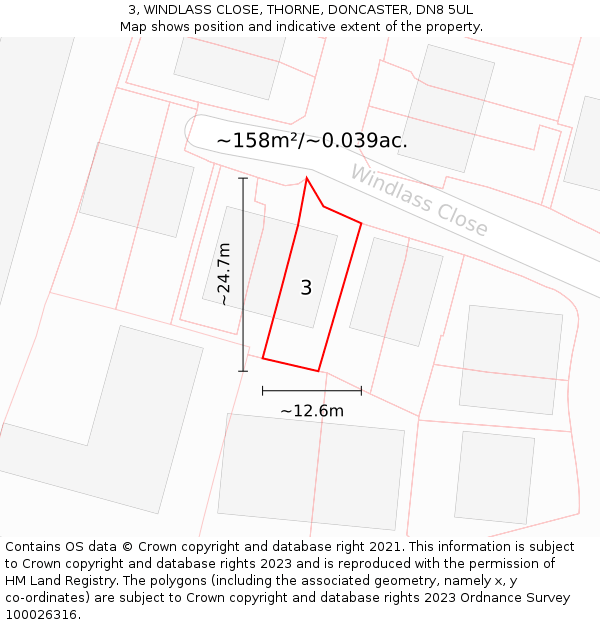 3, WINDLASS CLOSE, THORNE, DONCASTER, DN8 5UL: Plot and title map