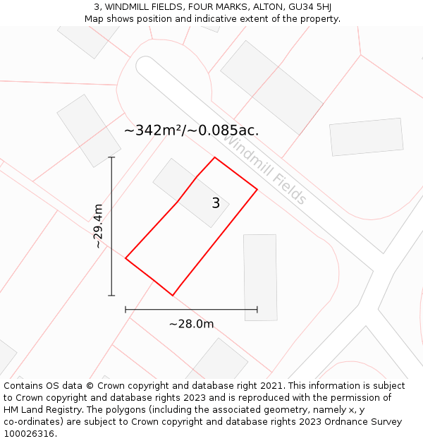 3, WINDMILL FIELDS, FOUR MARKS, ALTON, GU34 5HJ: Plot and title map
