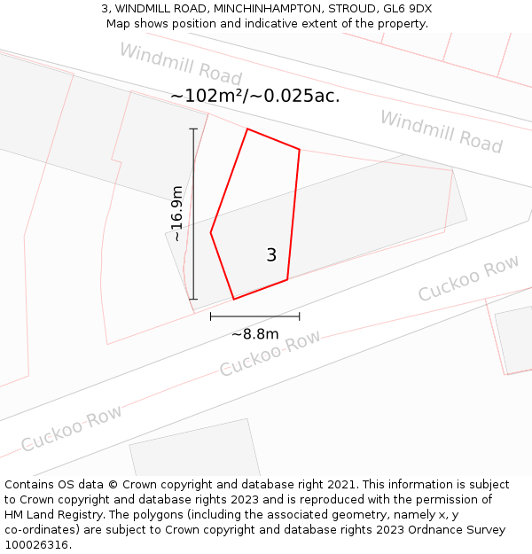 3, WINDMILL ROAD, MINCHINHAMPTON, STROUD, GL6 9DX: Plot and title map