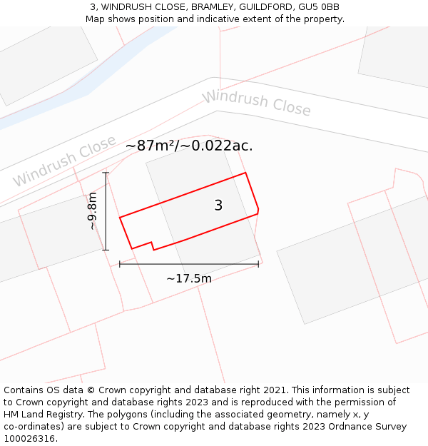 3, WINDRUSH CLOSE, BRAMLEY, GUILDFORD, GU5 0BB: Plot and title map