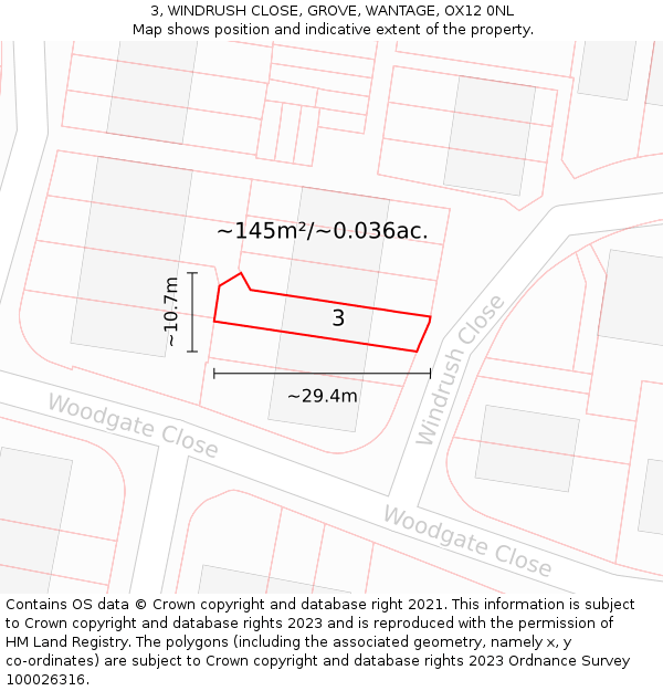3, WINDRUSH CLOSE, GROVE, WANTAGE, OX12 0NL: Plot and title map